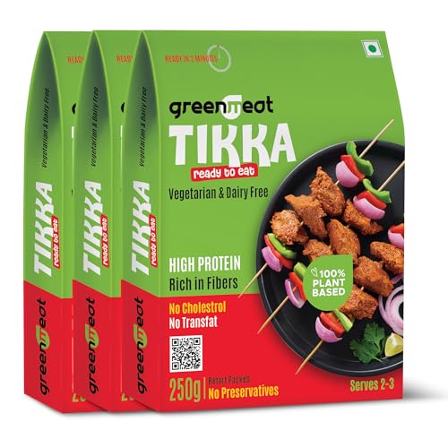 Image of Greenmeat Tikka | Ready to Eat | 100% Plant Based & Vegetarian | Protein & Fibre Rich | Low Fat & Zero Cholesterol | No Preservatives | Pack of 3 (3 x 250g)