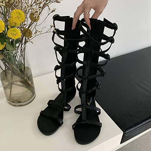 Hbeylia Womens Knee High Caged Gladiator Strappy Flat Sandals,Sandals for Women Flat,Summer Strappy Lace Up Open Toe Fashion Knee High Flat Sandal Gladiator Sandals2