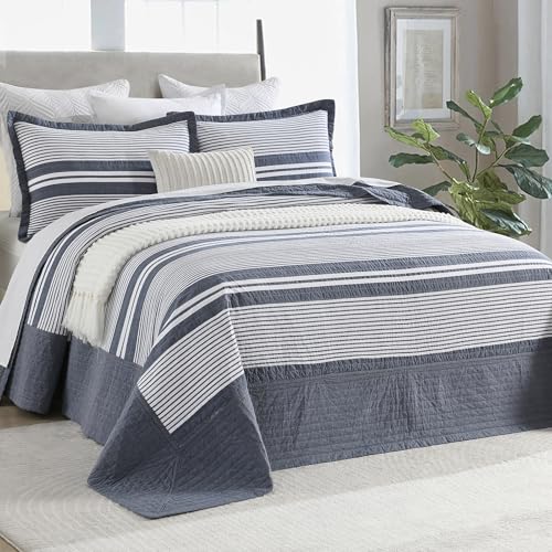 DDUOXIN Modern Queen Bedspread 102" W x120 L - 100% Cotton Waffle Texture Oversized Quilt with 2 Pillow Shams, Stripe Reversible 3 Piece Medium Weight Bedding Set, Folkstone/White — view 2