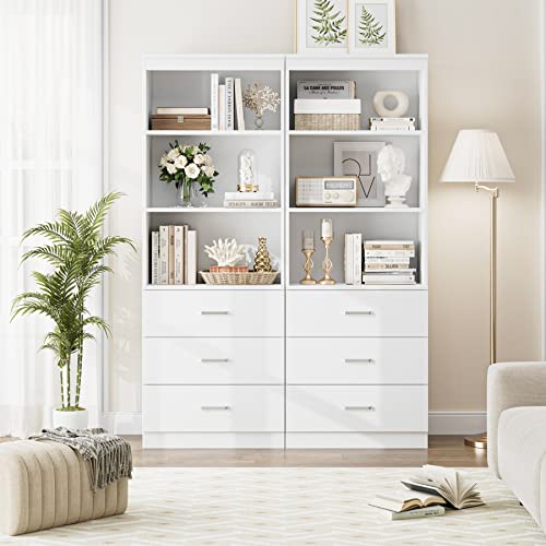 Fotosok 71 Inches Tall Storage Cabinet, Bookcase With 3 Drawers And 3-Tier Open Shelves, Wooden Bookshelf Storage Organizer For Living Room, Study, Kitchen, Home Office, White thumb #1