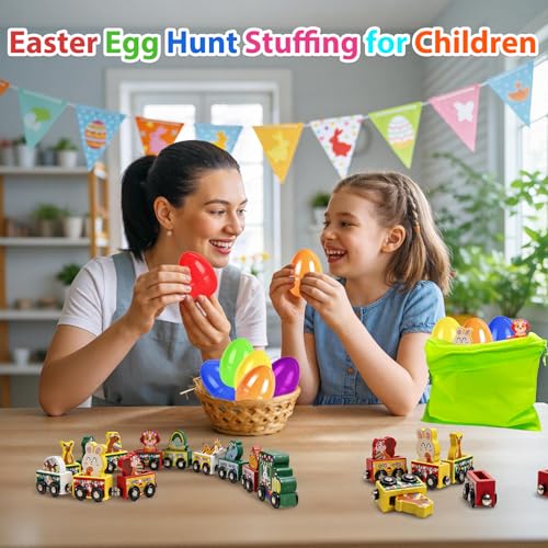 Facairzd 12 Stück Ostereier mit Magnetic Holz Eisenbahn Kinder,Ostergeschenke Kinder,Ostern Deko,Füllungen für Ostereier, unverzichtbare Füllungen für Körbchen und Partygeschenke