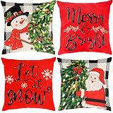 Christmas Pillow Covers 18x18 inch Set of 4, Christmas Decorations Snowman Santa Elk Sleigh Truck Plaid Winter Holiday Decor, Merry Christmas Throw Cushion Cases for Sofa Couch Living Room Home Decor
