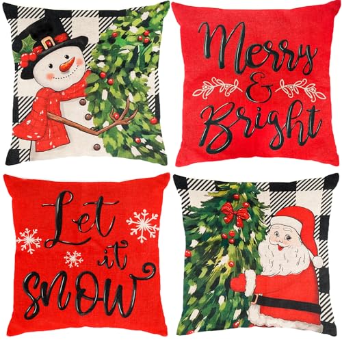 Christmas Pillow Covers 18x18 inch Set of 4, Christmas Decorations Snowman Santa Elk Sleigh Truck Plaid Winter Holiday Decor, Merry Christmas Throw Cushion Cases for Sofa Couch Living Room Home Decor