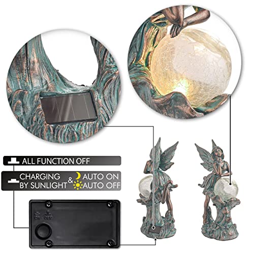 Teresa'S Collections Fairy Garden Statues Solar Outdoor Light For Garden Decor, Patina Bronze Fairy Resin Sculptures With Crackle Glass thumb #5