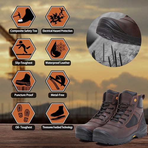 6" Safety Work Boots For Men Water Resistant Composite Toe Puncture Resistant EH Non Slip No Metal ASTM F2413-18 Comfortable&Durable MW92764