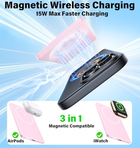 Image of 3-in-1 5000mAh for Magsafe Power Bank Thin Slim 22.5W Fast Charging Type C Magnetic Battery Pack Powerbank for Travel, Mini Wireless Portable Charger for iPhone 17 16 15 14 13 12 Watch Android, Pink