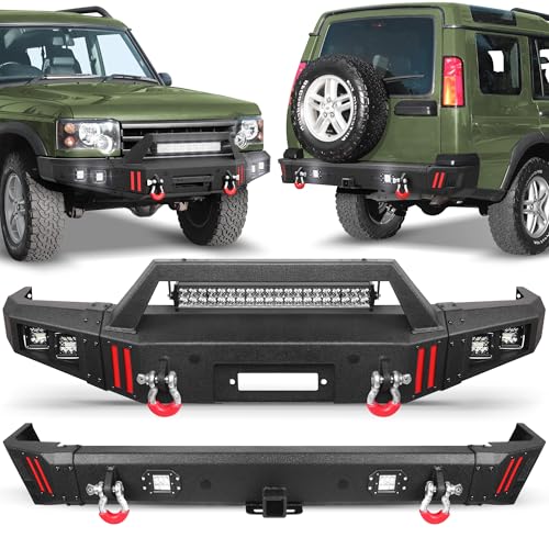 FVLEY Discovery 2 Front + Rear Bumper Set for 1999-2004 Land Rover Discovery 2, Including Winch Plate, LED Lights and D-rings