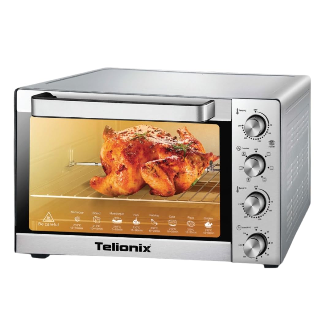 تيليونيكس Telionix 45L Electric Oven with Convection Fan, 1700W Stainless Steel, 120Min Timer, Adjustable 70-250°C, Rotisserie, 4 Control Knobs, for Baking Bread Cake, Grilling, Pizza, Roasting (45L)