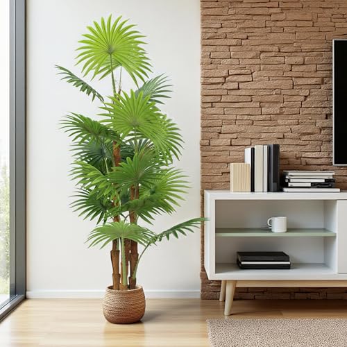 Künstliche Fächerpalme 160 cm – Kunstpflanze mit 18 naturgetreuen Blättern & 3 Stämmen mit Kokosfaser – täuschend echt, pflegeleicht, im schwarzen Topf – Dekopalme für Wohnzimmer, Büro & Eingangsberei
