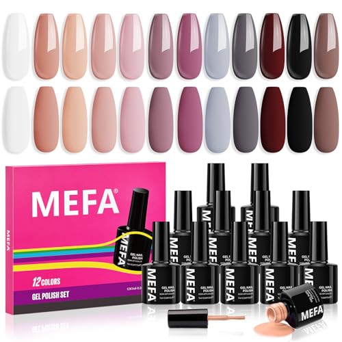 MEFA Esmaltes Semipermanentes para Uñas en Gel, 12 Colores Nude Neutro Negro Blanco Nude Rosa Kit Pintauñas Semipermanentes Uñas de Gel UV LED en Gel Nail Polish Esmalte Uñas para Manicura
