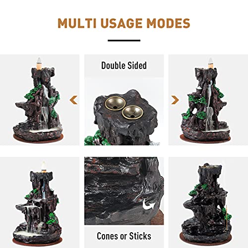 Ronlap Dual Sided Mountain Waterfall Incense Burner, Resin River Tower Backflow Incense Holder, Cool Aromatherapy Incense Fountain Smoke Waterfall With 120 Upgraded Incense Cones+30 Incense Sticks #TOP2