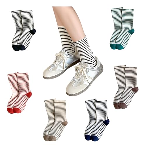 WJIAMPLS 6 Pairs Classic Thin Striped Multiple Colors Soft Cotton Crew Socks, Perfect for Matching Sneakers & Casual Shoes