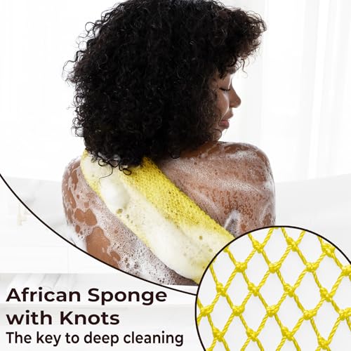 African Exfoliating Net Sponge Authentic - Real African Bath Sponge with Knots and Ropes - Back Scrubber Exfoliator Washer Cloth with Travel Bag - Body Shower Skin Care Essentials for Daily Use