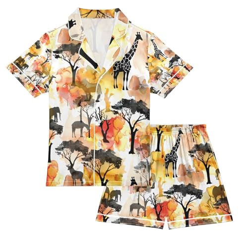 senya African Animals Silhouettes Satin Summer Pajama Sets Silk Short Sleeve Button Down Sleepwear