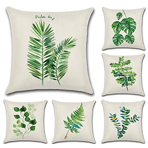 HuifengS Fundas de cojín cuadradas de Lino Decorativas, Flor de Planta Tropical, para sofás o Camas Juego de 6 Fundas de cojín de 45 x 45 cm
