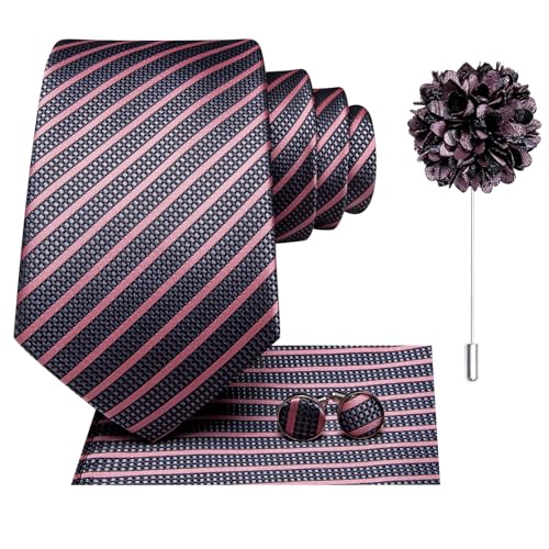 Image of Hi-Tie Men Silk Ties Set with Flower Lapel Pin Necktie Pocket Square Cufflinks for Tuxedo Wedding Business
