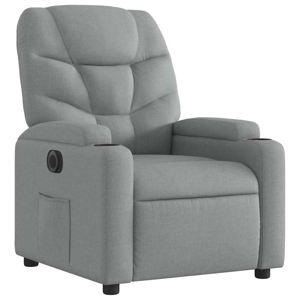 Fotel relaksacyjny, elektryczny, jasnoszary, materiał z funkcją leżenia, regulowany, ergonomiczny, wygodny, z podłokietnikami, drewniana rama metalowa, do salonu, kącika do czytania i biura
