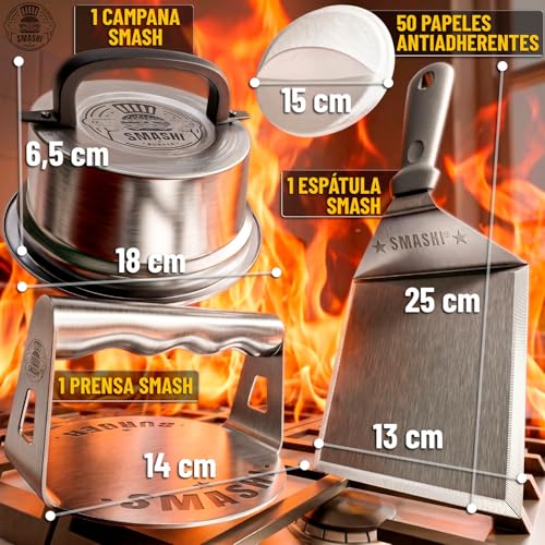 Miniatura 4 de Smashi Smash Burger Kit Piezas Profesional Acero Inoxidable 304 Certificado Eu Contacto Alimentos Prensa Hamburguesas Smasher Tratamiento Antiadherente El Auténtico Kit Smash Burger Experto