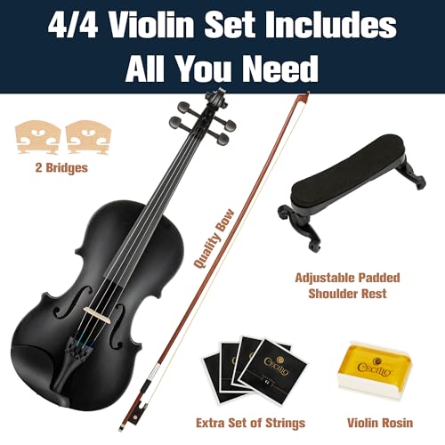 Image of Mendini 4 /4 MV-Black Solid Wood Violin with Hard Case, Shoulder Rest, Bow, Rosin and Extra Strings (Full Size)