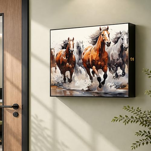 Image of Electric MCB Box Cover Frame With Hydraulic Decorative Painting Running Horse Painting Electrical Panel box Cover, Switch Box Frame Will Fit Max 10x14 inch Switch Board, Outer Size 13X17 Inch