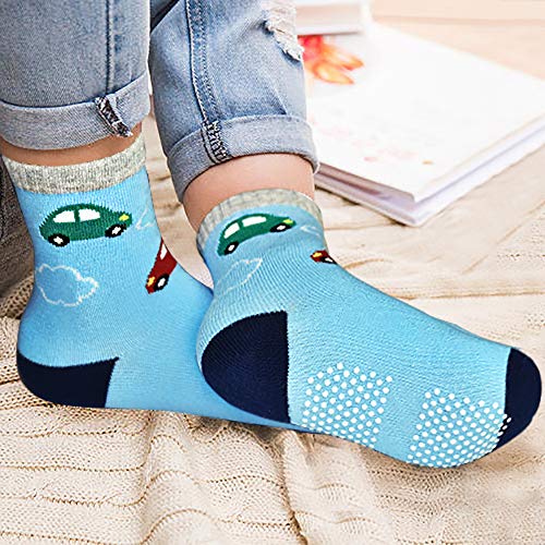 Image of Tphon 12 Pairs Toddler Non Skid Socks with Grips Anti Slip Bottom, Cotton Non Slip Ankle Crew Socks for Boys, Girls, Kids(1-7Years)