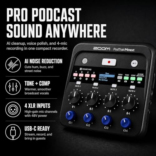 Image of Zoom PodTrak P4next Podcast Recorder Bundle with ZDM-1 Podcast Mic Pack Includes Dynamic Microphone, Headphones, Tripod, Windscreen, and XLR Cable (P4next + Podcast Mic Pack Bundle)