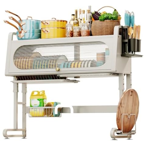 CooFel Over The Sink Dish Drying Rack, 3 Tier Over The Sink Dish Rack, Dish Drainers Organizer for Kitchen Sink Shlef, Expandable Height Adjustable (29.5"-33.5") (White) Cover