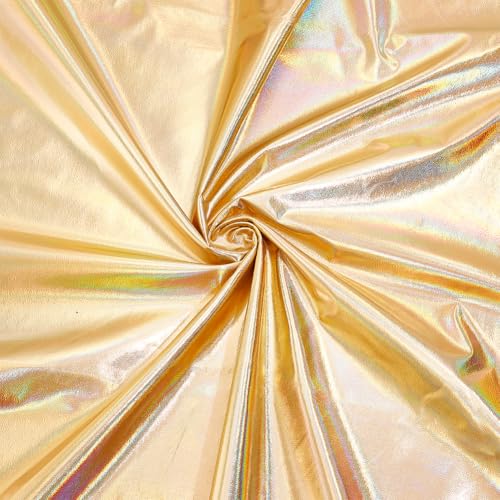 MAYJOYDIY Gold Sparkly Hologram Spandex Fabric, 1 * 1.5m, 4 Way Shiny Polyester Metallic Foil Stretch Fabric for DIY and Sewing Costume Stage Perfomance Clothing Party Decor MAYJOYDIY Gold Sparkly Hologram Spandex Fabric, 1 * 1.5m, 4 Way Shiny Polyester Metallic Foil Stretch Fabric for DIY and Sewing Costume Stage Perfomance Clothing Party Decor