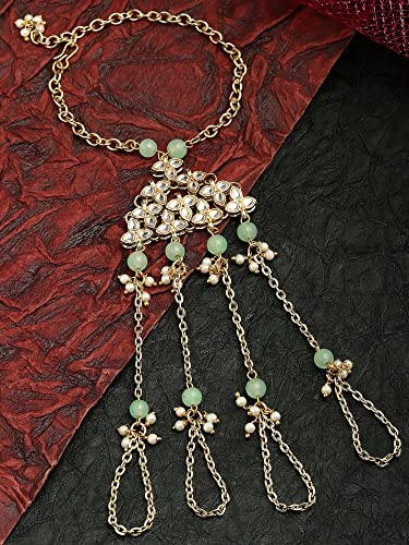 Image of Karatcart Gold Plated Baby Pink Pearl Chain Kundan Hathphool