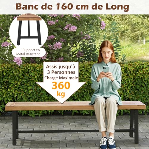 Banc Terrasse Acacia 160 cm 360 kg Pieds métal GOPLUS