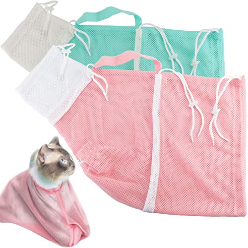 LeonBach 2 Pack Adjustable Hand-held Cat Bathing Bags with Zippers, Cat Grooming Bag Cat Shower Bag Cat Restraint Bag Cat Nail Trimming(Pink, Green)