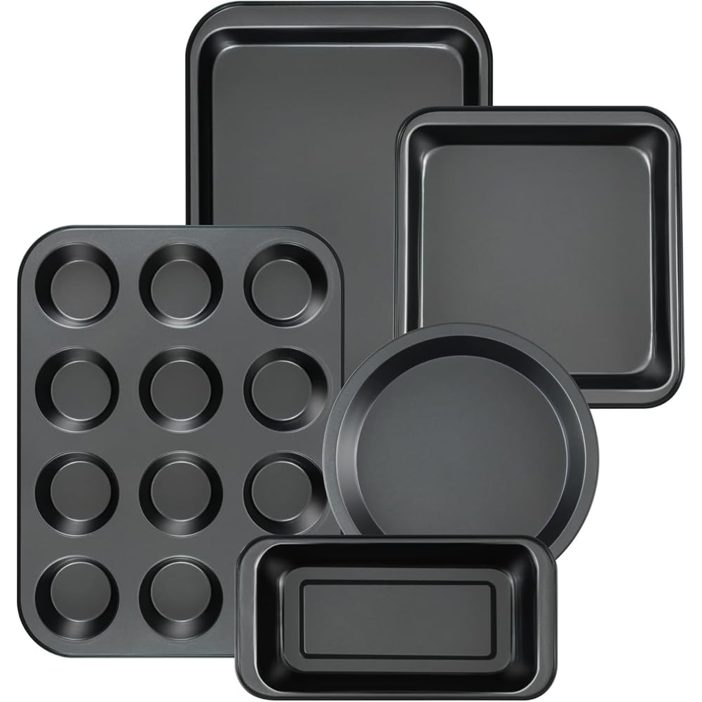 CTRLZS Bakeware Set 5-Piece Nonstick Kitchen-Use Round/Square Cake Pans, Muffin Pan, Loaf Pan, Roast Pan& Baking Sheets Included