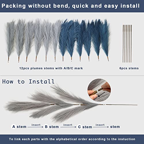 Oiijjur 4Pcs Faux Pampas Grass Tall 43” / 3.6Ft, Non-Shedding Large Artificial Fluffy Reed Fake Flower Feather Arrangement For Floor Vase Filler Boho Farmhouse Home Wedding Decor (Grey& Navy Blue) #TOP3