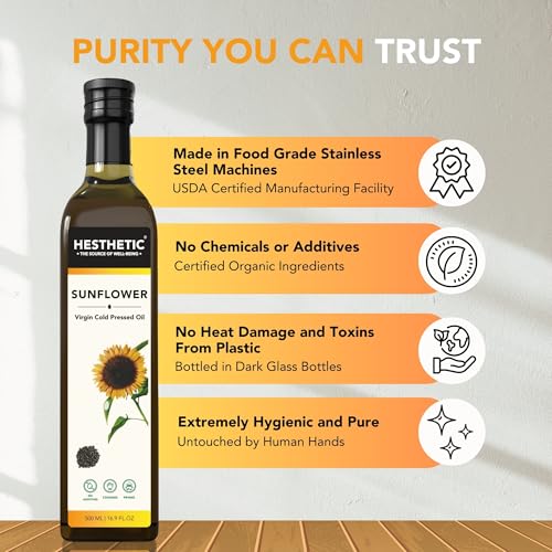 Image of HESTHETIC Edible Cold Pressed Sunflower Oil, 750ML, Rich in Healthy Fats, Ideal for Cooking, Frying and Salad Dressings, 100% Pure and Natural, Food Grade Virgin Oil