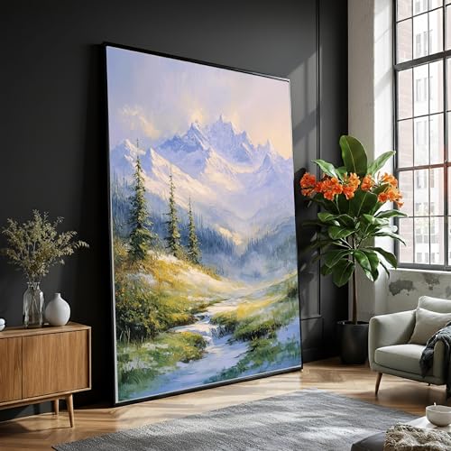 Toile de montagne enneigée avec pins et ruisseau affiche nature 50 x 75 cm