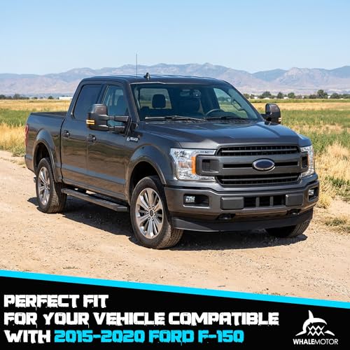 Image of WHALEMOTOR Smoked Power Heated Tow Mirrors Compatible with 2015-2020 Ford F150 F-150, Extended Trailer Towing Side Mirrors w /LED Turn Signal & Ambient Temp Sensor(for 2019+), Carbon Fiber Grey Housing