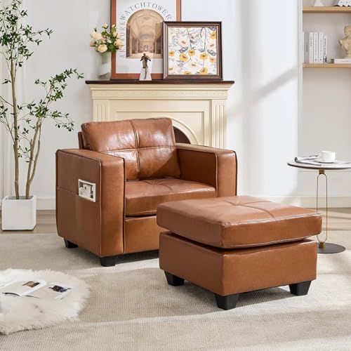 TYBOATLE Oversized Accent Chair with Ottoman, Wide Chaise Lounge Chair Indoor, Mid-Century Modern Armchair with Pockets, Leather Comfy Chairs for Bedroom, Living Room, Office (Brown)