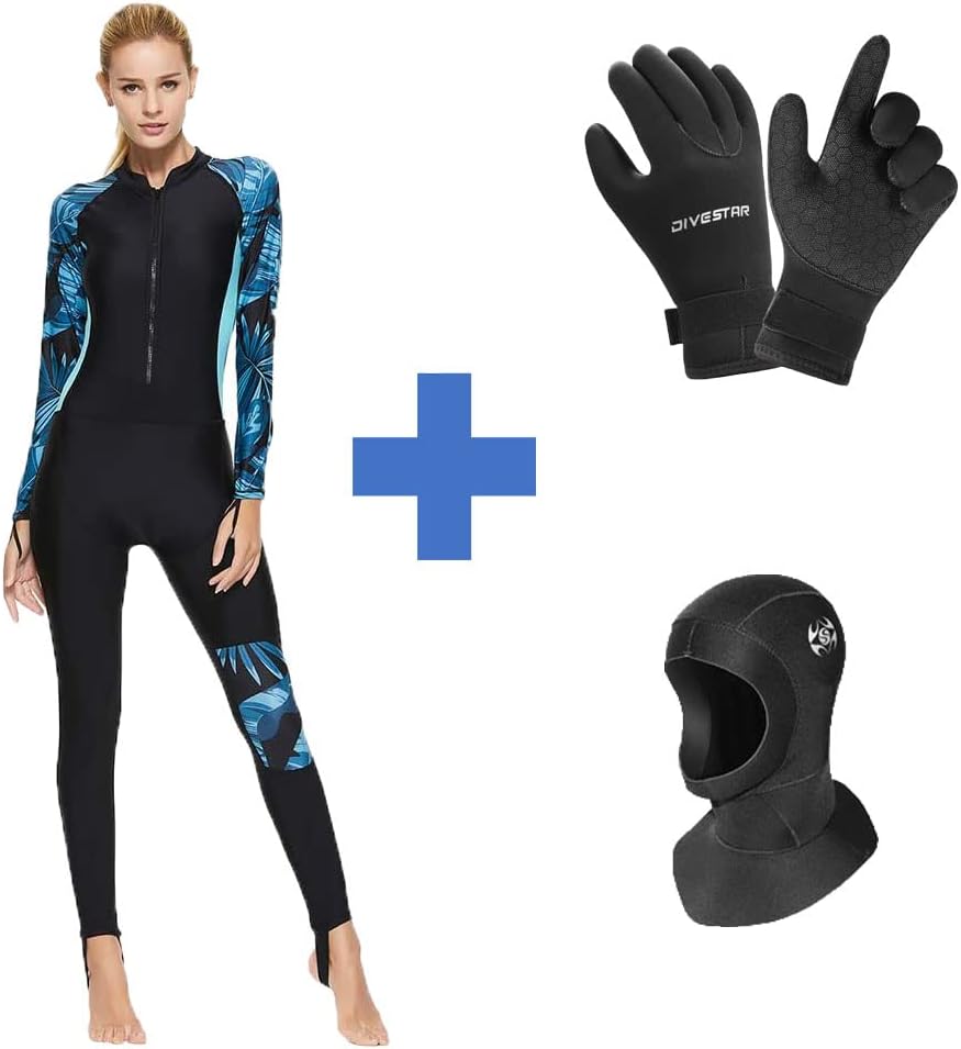 Skyone 3 Pieces Wetsuit, Neoprene 3MM Wetsuit Hood Scuba Diving Hood Large Size,，3MM Wetsuit Gloves Neoprene Scuba Diving Gloves Medium Size, Full Body Large Size Diving Skins Rash Guard