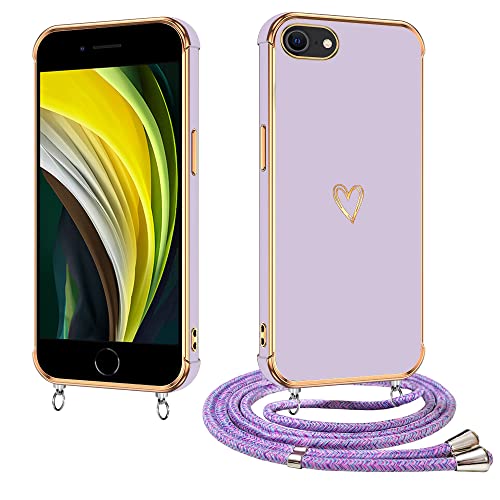 E-Lush Cover per iPhone 8/ iPhone 7 con Cordino, Ultra Sottile Cuore Amore Elettrolitico Cover per iPhone SE 2020/ iPhone SE 2022, Morbido TPU Silicone Custodia con Regolabile Collana, Viola
