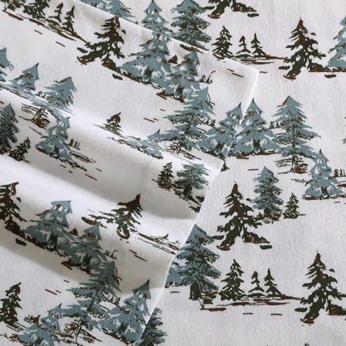 Image of Eddie Bauer - Flannel Sheets King Size, Anti-Pilling & Wrinkle Resistant Cotton, Touchably Soft for All-Season Comfort - Bed Sheets with Matching Pillowcases & Fitted Sheet (Snowy Pine Trees Green)
