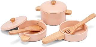 Woet® Holzspielzeug Töpfe und Pfannen Set für Kleinkinder – Spielzeug Küchenset Rosa 7 Teile – Küchenzubehör Spielzeug – Ab 2 Jahren – Geschenk für Kinder