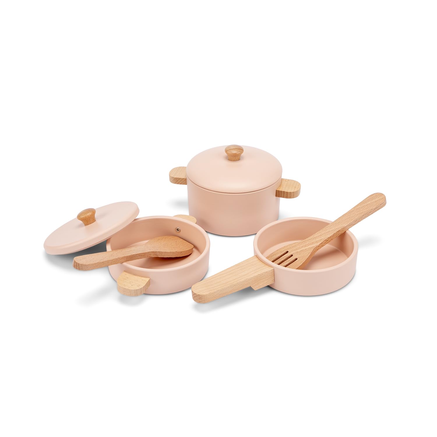 Woet  Wooden Pots and Pans Set for Toddlers Age 24 Months+  7-Piece FSC Pink Cooking Pan Set  Pretend Kitchen Accessories  Role Play Cookware & Chef Toy  Gift for Kids