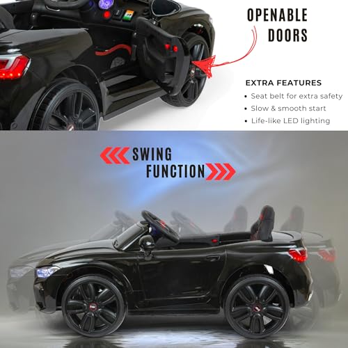 Image of MEKASHI Electric Ride-On Car for Kids 1-7 Years, 12V Battery, Remote Control, 5 Speed, LED Lights, Bluetooth, Metallic Black