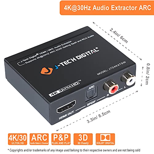 J-Tech Digital 4K30 Hdmi Audio Extractor Hdmi Arc Converter Spdif + Rca Output Hdcp1.4 Compatible With Dolby Digital/Dts Cec [Jtd4Katsw] #TOP5