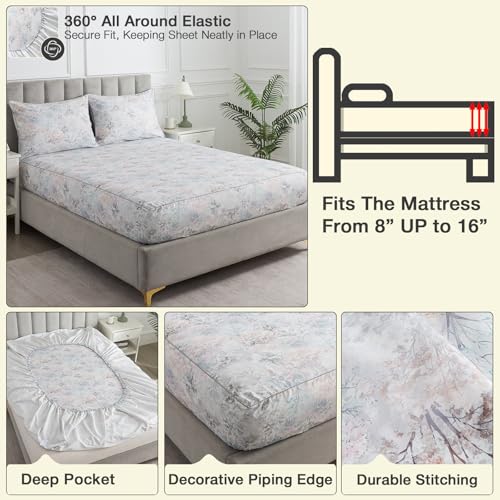 Image of Shabby Tree Patterned Chic Percale Sheets King Size, 100% Cotton Toile Deep Pocket Vintage Sheet Set, Crisp Soft Grey Forest Aesthetic Bed Sheets, Luxury Farmhouse Bedding Sets, 4Pcs