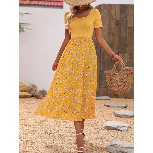 SYKT Women's Summer Dress Short Sleeve Maxi Dresses Empire Waist Floral Print Casual Long Dress