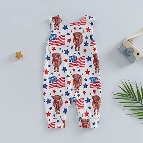 Karuedoo Western Baby Boy Girl Clothes Cow Print Sleeveless Romper Jumpsuit One Piece Bodysuit Outfit Boho Summer Clothes (4Th Of July Outfit-White Usa Flag Cow, 12-18 Months) #TOP2