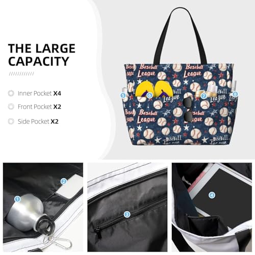 Large Beach Bags for Women Sandproof - Retro Baseball Pattern Print Summer Work Travel Tote Bags with Zipper3