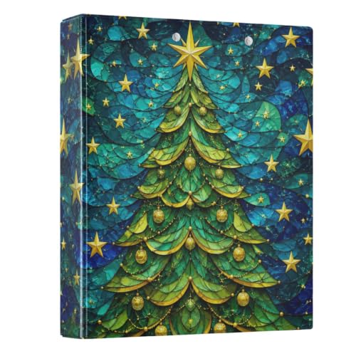 Image of 3 Ring Binder Christmas Tree Stars Waves 1.5 inch Binders Three Ring Binders with Clipboard Fit 8.5'' x 11'' Paper 3 Interior PVC Clear Pockets for Office Supplies