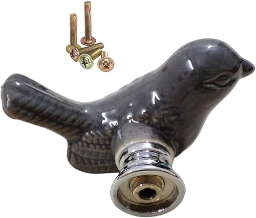 Miniatura 8 de Paquete de 10 pomos azules para puerta de armario con diseño de pájaro, pomos de cerámica para cajones con tornillos de montaje, manija vintage para